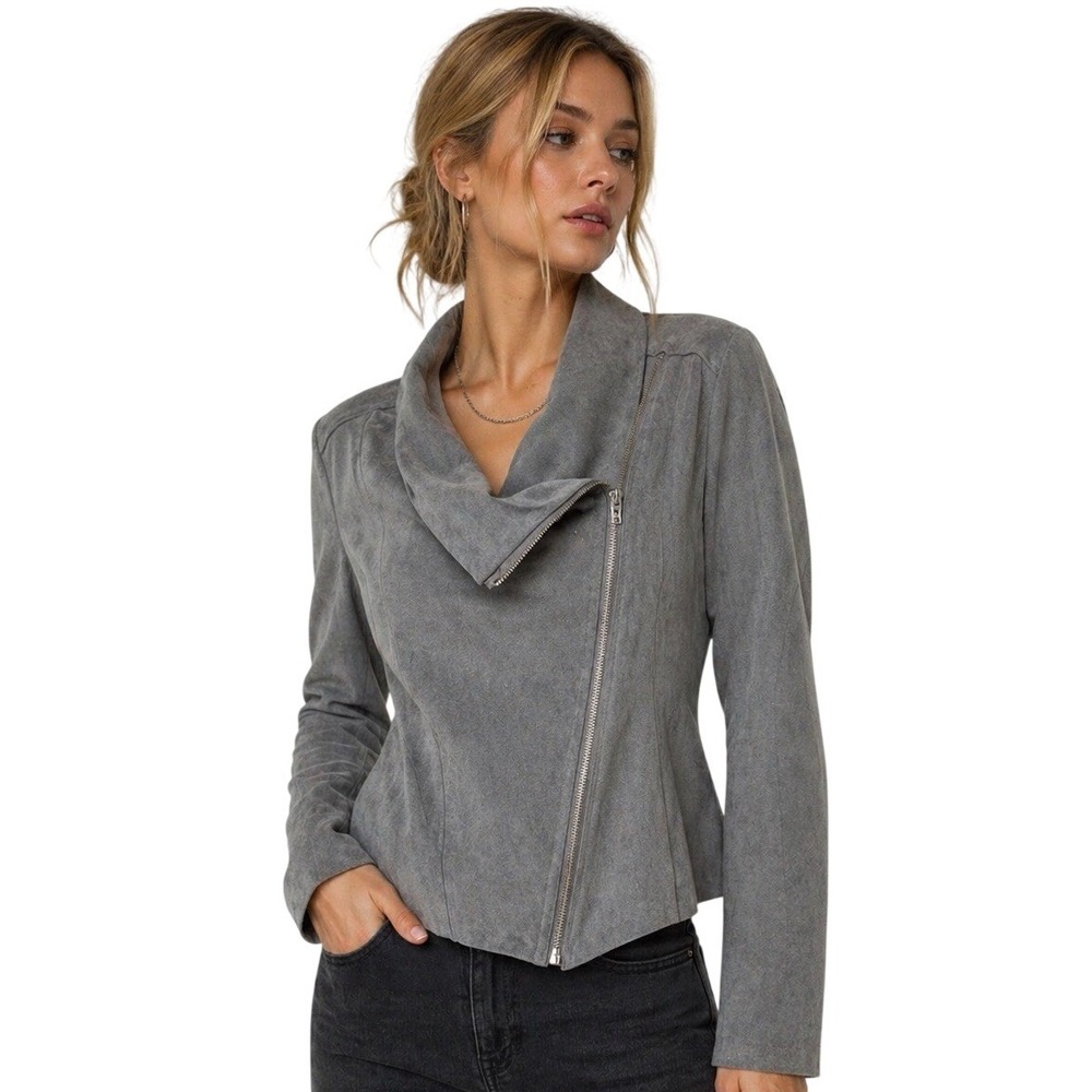 BLANKNYC Gray Faux Suede Moto Jacket Asym Zip Draped Collar XL